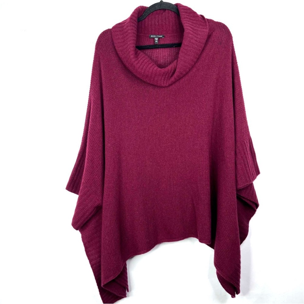 Eileen Fisher Merino Wool Cashmere Blend Cowl Neck Poncho Sweater Burgundy Red